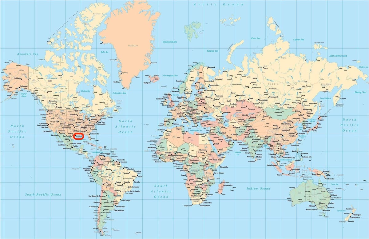 世界地図上のヒューストンの位置